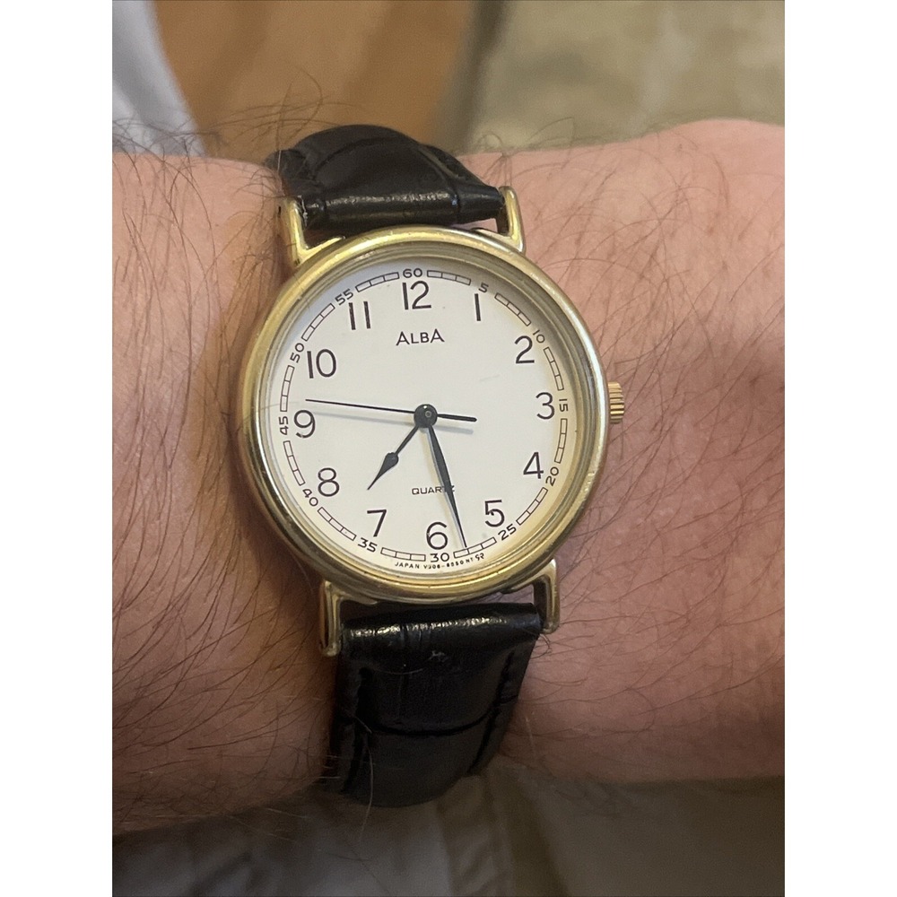 SEIKO Alba White Dial Gold Mens Unisex Quartz Watch - New Strap! New Battery!